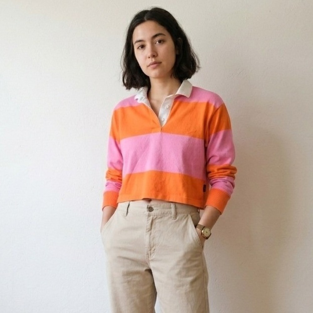 Rowing Blazers Womens Top Small Pink Orange Striped Cropped Long Sleeve Rugby
